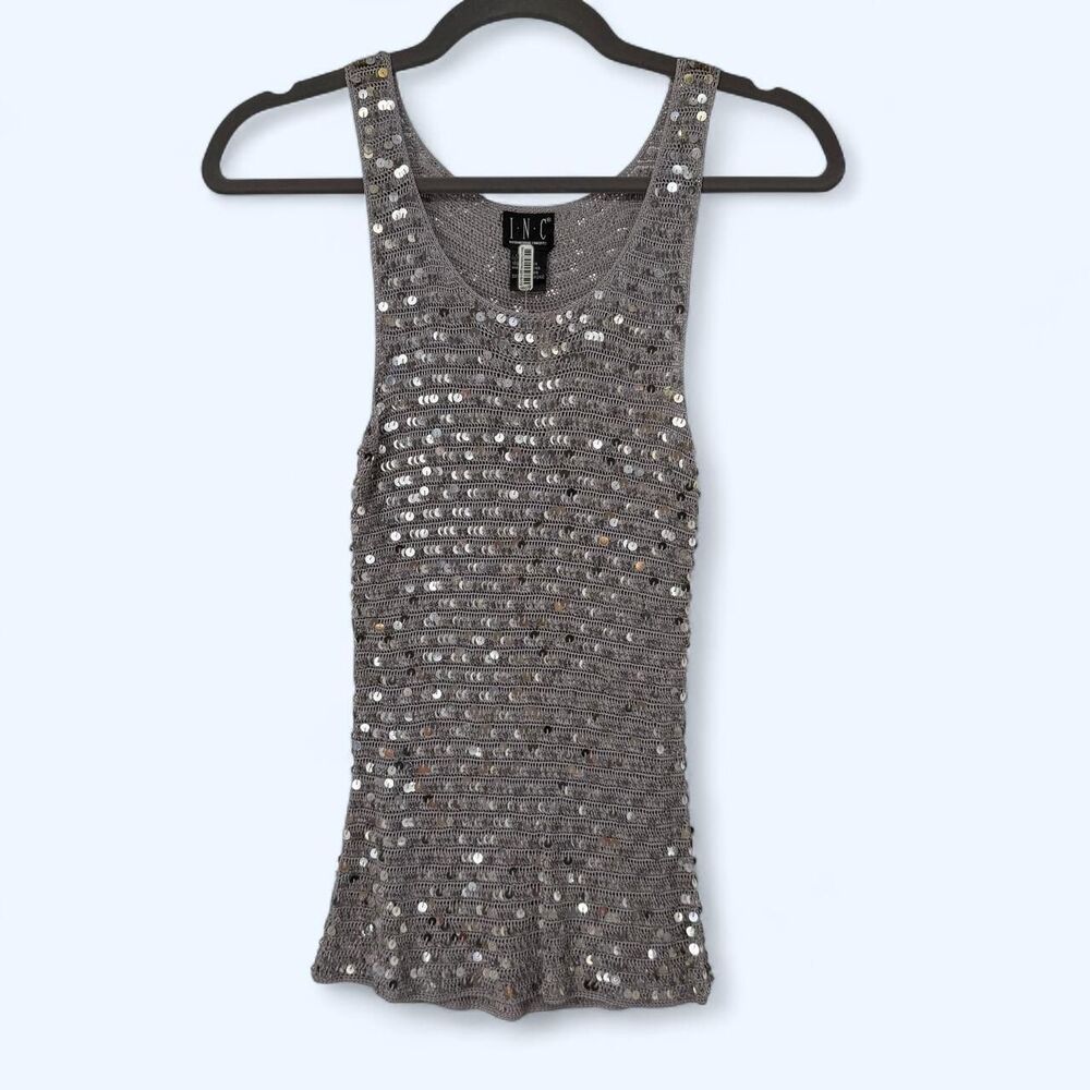 Metallic Silver Sequin Open Knit Crochet Tank Top Mesh Party Cami NWT c. 2004